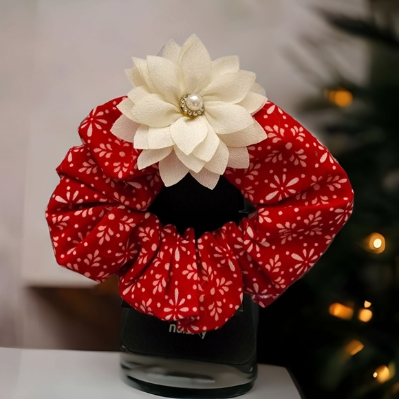 Red Floral Scrunchie with White Pearl Flower - Picture 1 of 9